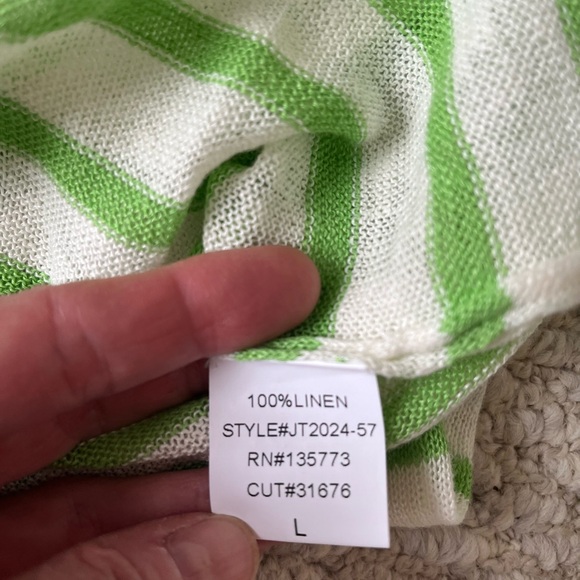 Olivaceous Sz Large, 100% Linen, Cream & Lime Green Stripe Sweater, NWOT - Picture 4 of 6